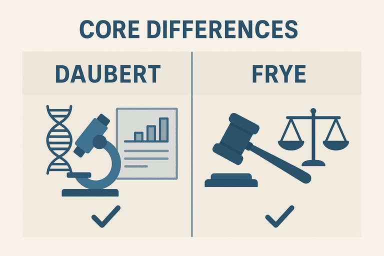 Split graphic comparing Daubert’s scientific focus with Frye’s legal acceptance standard.