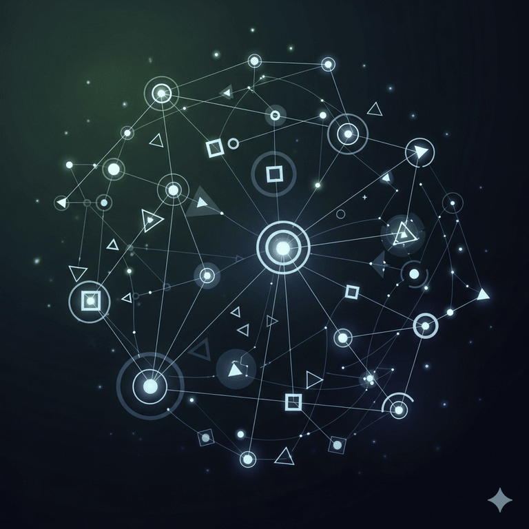 A web of glowing digital nodes connected by luminous lines, representing data flow and technology.