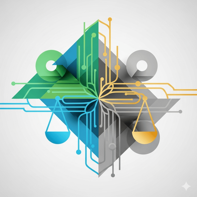 An abstract, geometric design with overlapping shapes and lines in blue, green, gray, and gold.
