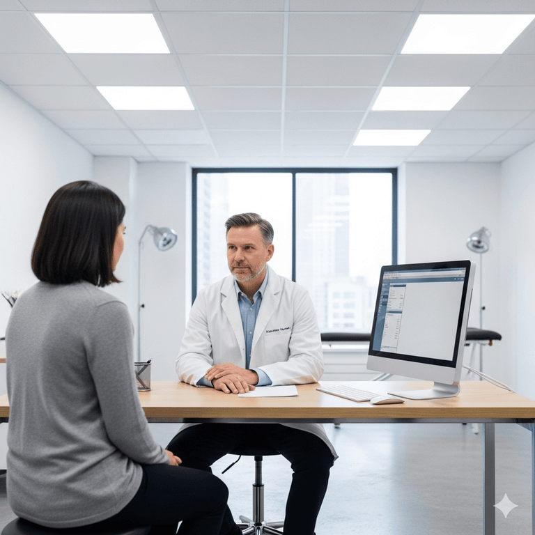 A doctor in a white lab coat talking to a patient in a sterile, modern office.