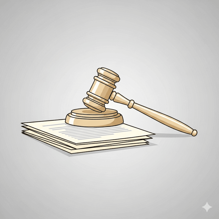A stylized judge's gavel resting on a stack of legal documents.
