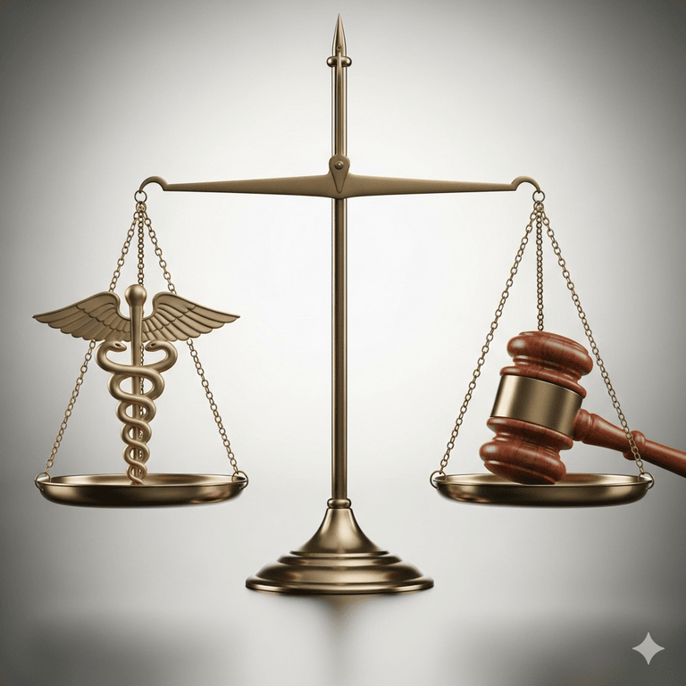 A set of scales, with a medical cross on one side and a legal gavel on the other, symbolizing the balance between medicine and law.