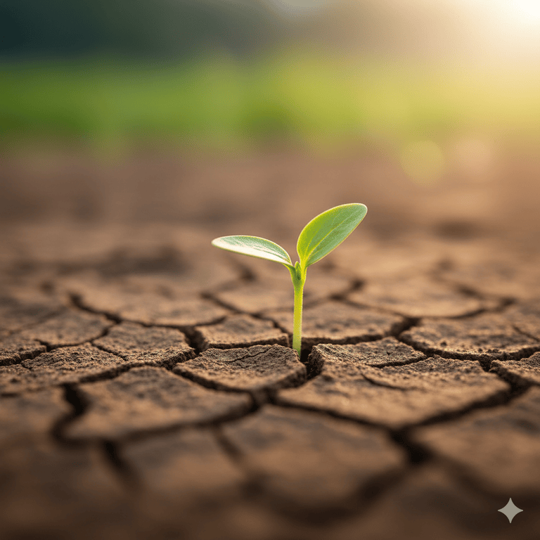 A young, green seedling breaking through dry, cracked soil, reaching upwards toward a bright light.