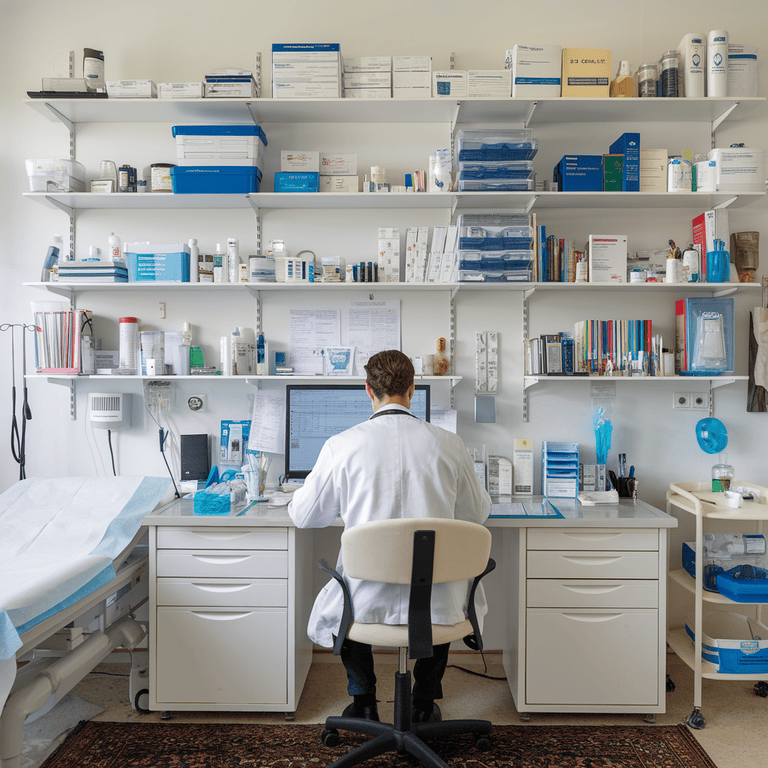 A medical professional conducting an impartial evaluation in an office setting for an IME.