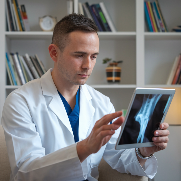 Virtual orthopedic surgeon analyzing X-ray in an online medical consultation
