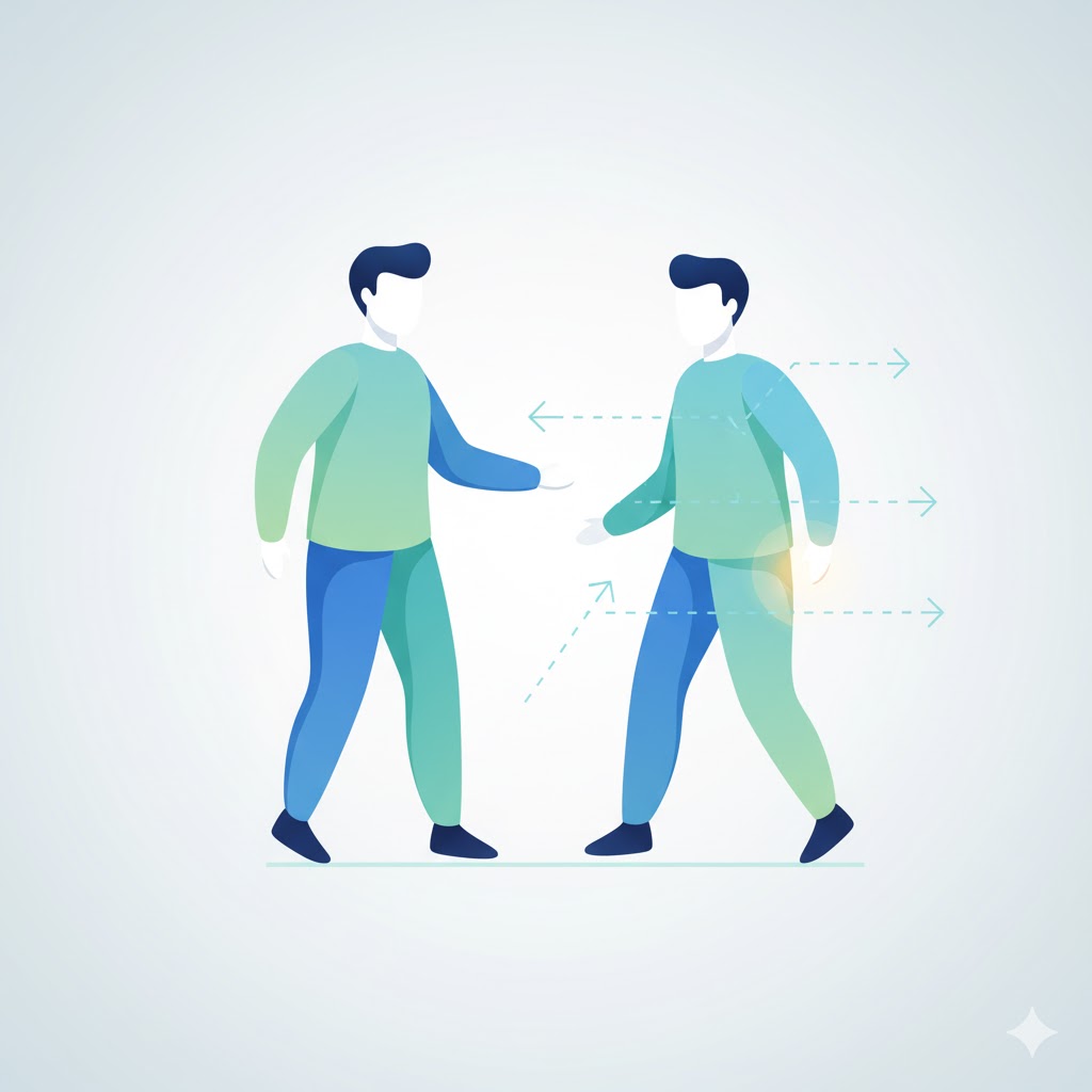 Abstract figures depicting one guiding another, symbolizing coaching and supportive direction.