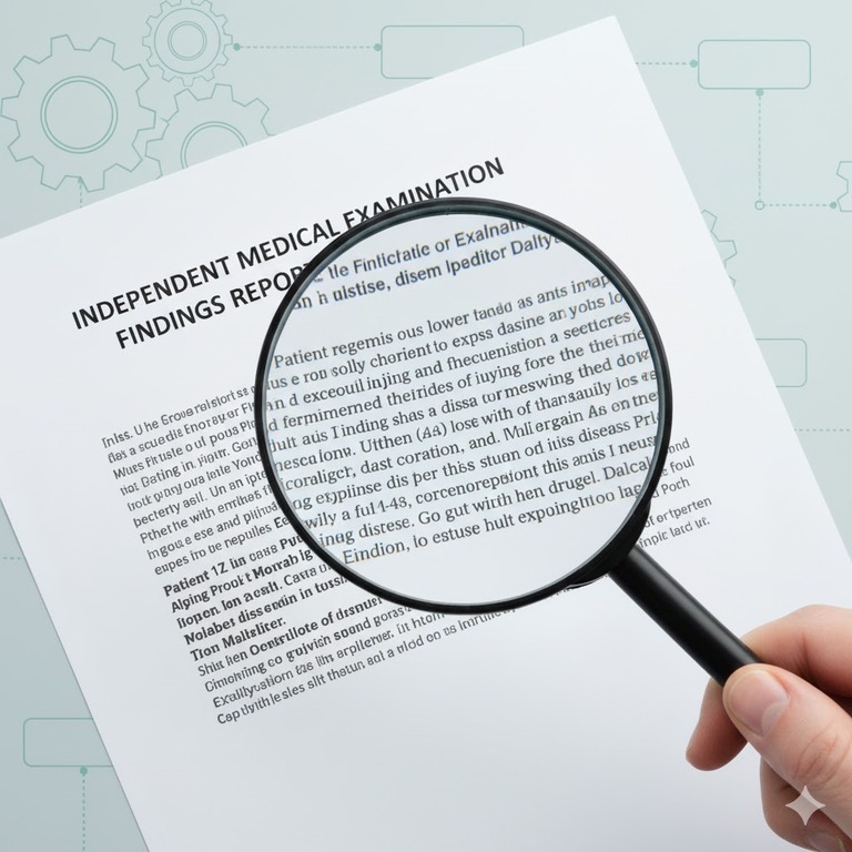Magnifying glass examining a medical report with a background suggesting analytical process.