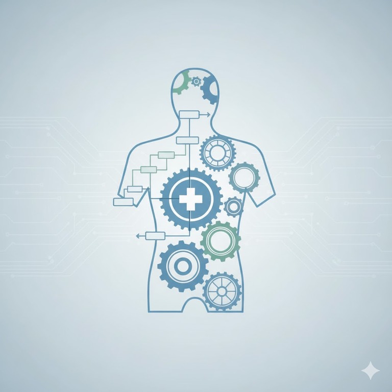 Stylized flowchart and gears forming a medical outline, illustrating a systematic process.