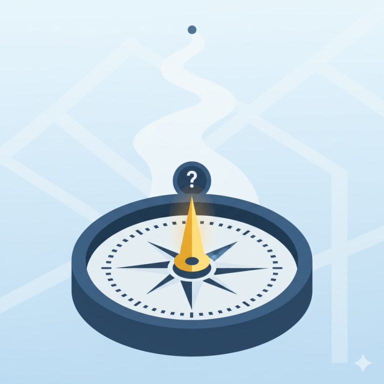 A minimalist compass with a needle pointing forward on a path, symbolizing future direction.