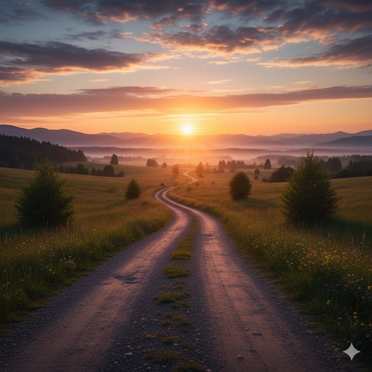 A winding path at sunset, representing future journeys and new beginnings.