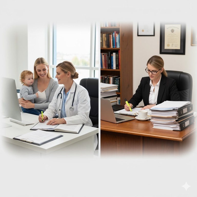 Clinician balancing patient care with reviewing legal case documents.