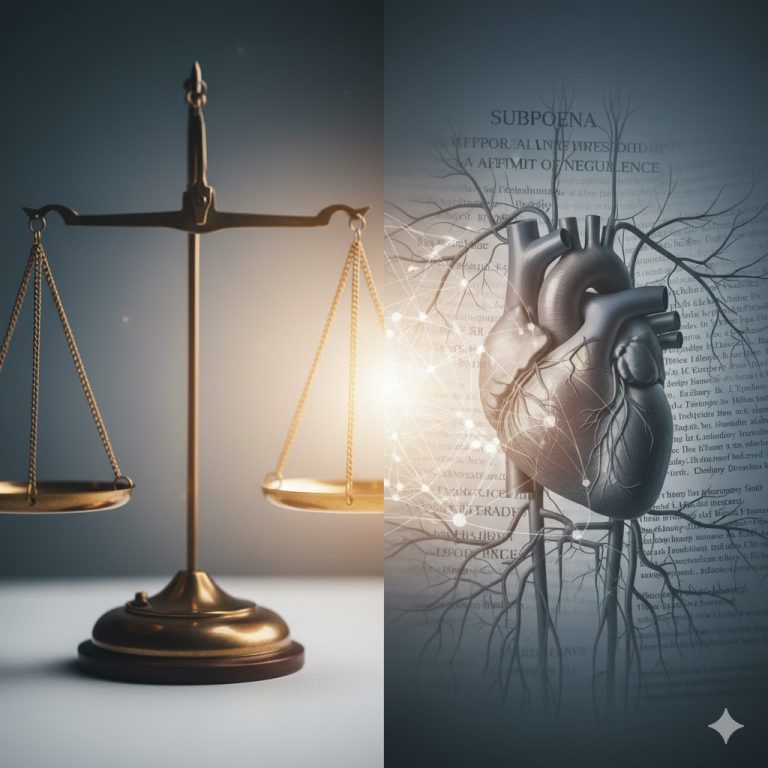 Symbolizing the ethical challenges and complexities in medical legal work with scales of justice and medical documents.