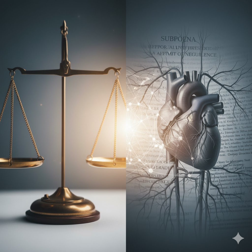 Symbolizing the ethical challenges and complexities in medical legal work with scales of justice and medical documents.