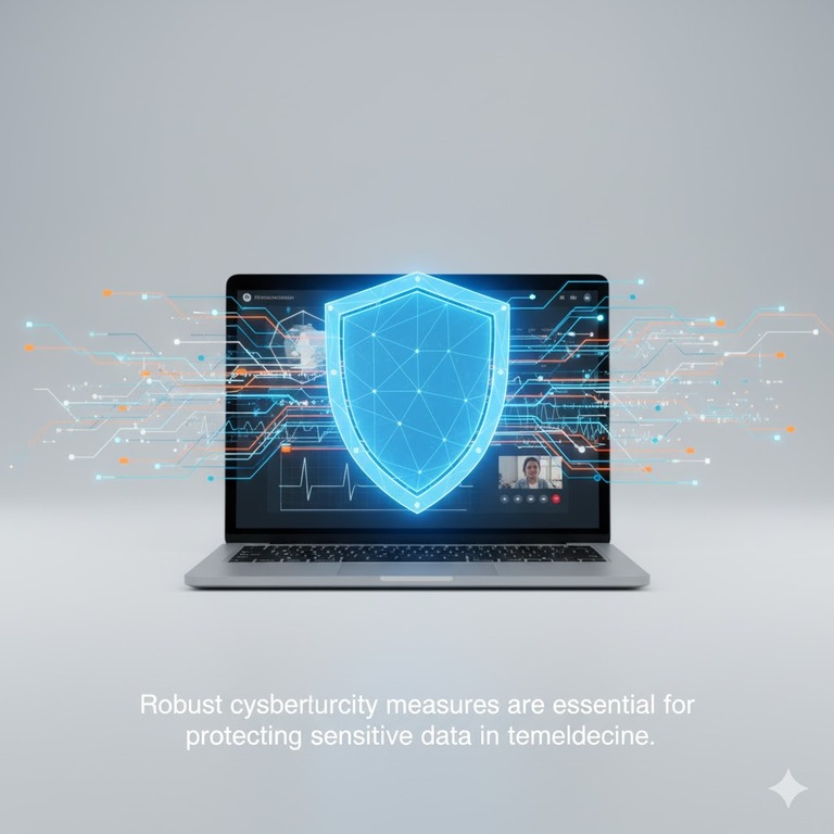 A digital shield protecting a device, symbolizing strong cybersecurity in telemedicine.