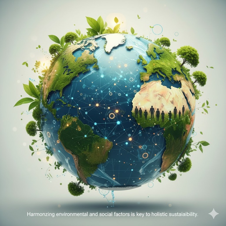 A globe adorned with greenery and water, representing integrated environmental and social sustainability.