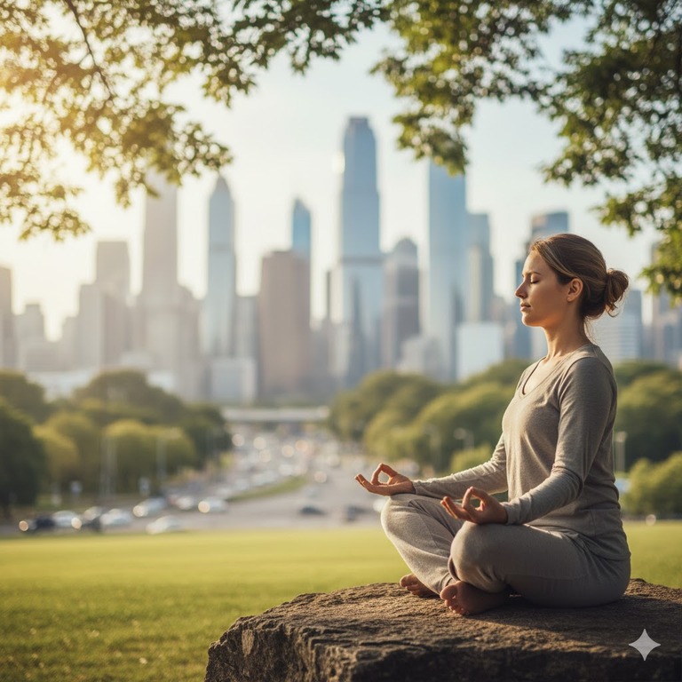 A person meditating outdoors, finding peace amidst a busy world.