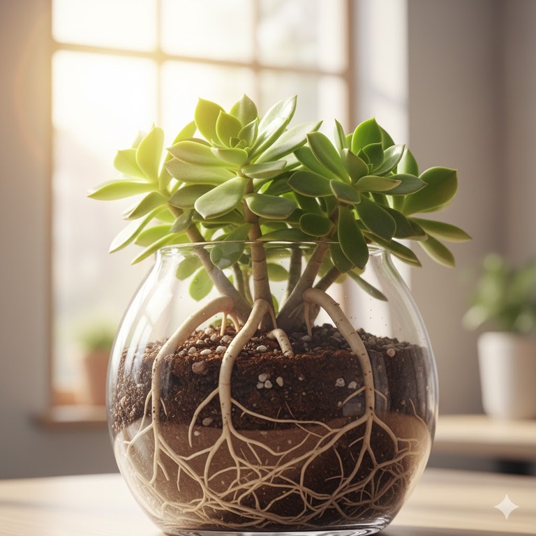 A healthy plant with visible strong roots, illustrating sustainable growth.