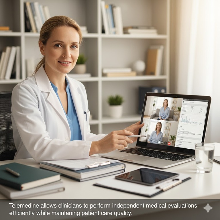 Clinician performing a remote independent medical evaluation via telemedicine.