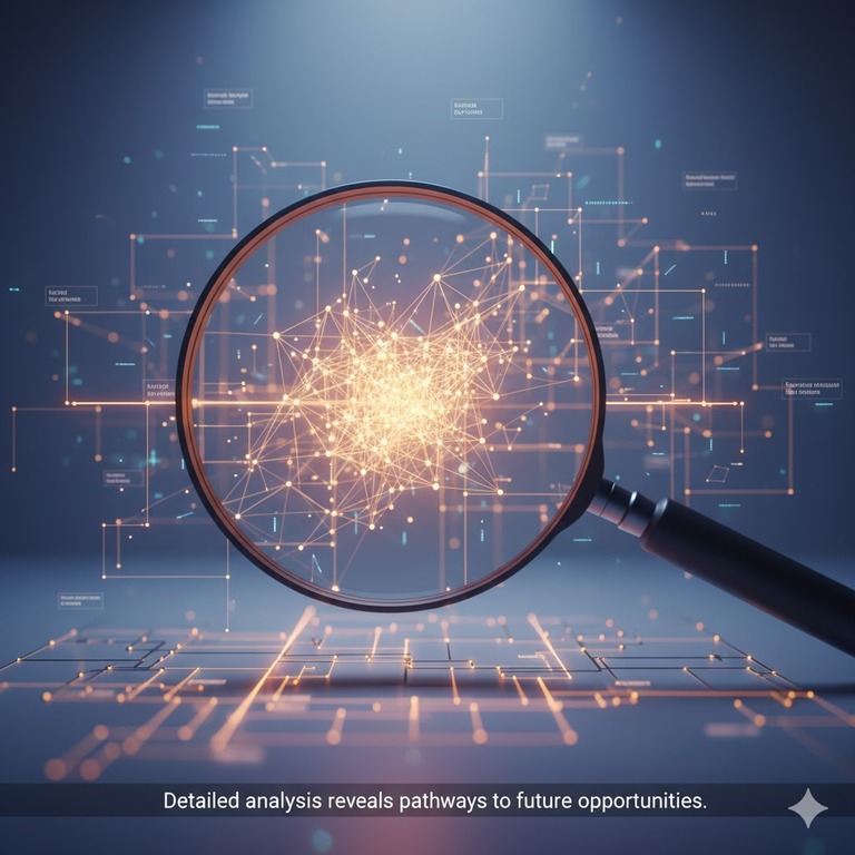 A magnifying glass examining a network diagram, symbolizing a close look at future trends.