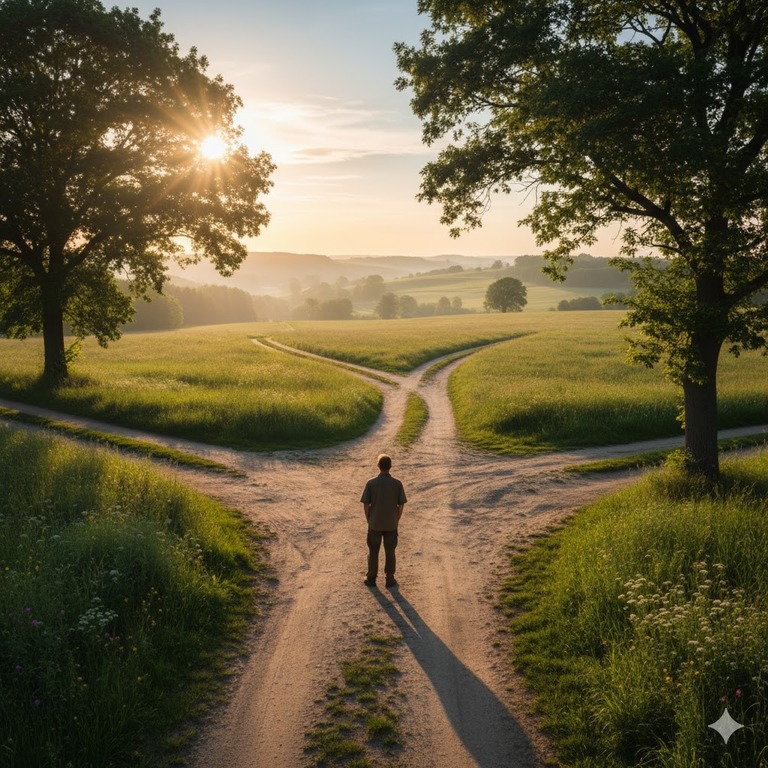 A person at a crossroads, contemplating multiple paths ahead.