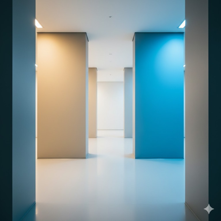 Two tall, modern architectural pillars standing on either side of a clean white corridor, one illuminated with warm light and the other with cool light, representing the dual roles of medical experts.