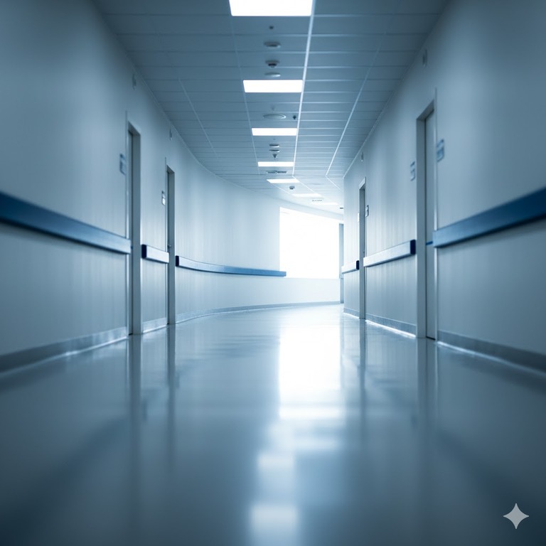 A clean, modern hospital hallway curving toward a bright light at the end of the corridor, symbolizing future directions and next steps.