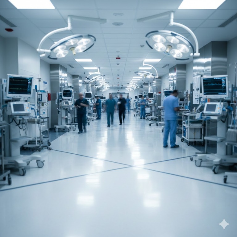 A wide-angle view of a modern emergency room corridor with motion-blurred medical carts and bright clinical lighting, representing the fast-paced nature of emergency care.