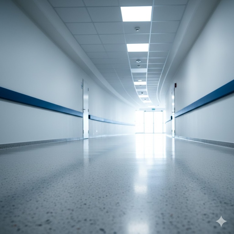 A clean, modern medical hallway curving toward a bright light at the far end of the corridor, symbolizing future directions and upcoming steps.