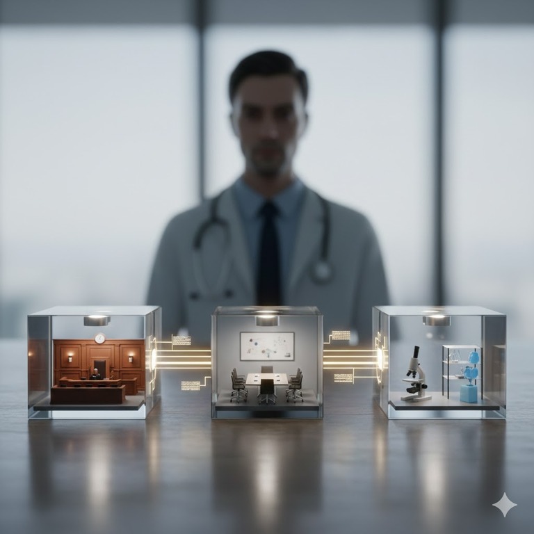 A split-perspective view showing a formal courtroom witness stand on one side and a modern medical rehabilitation office on the other, representing the expert's role in different legal settings.