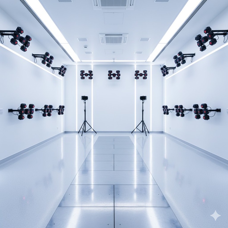 A high-tech rehabilitation lab with infrared motion sensors and a specialized floor walkway, representing the objective scientific analysis used in forensic medical evaluations.