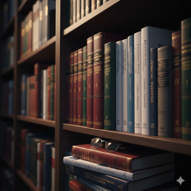 A collection of professional medical journals and surgical textbooks representing the authoritative peer-reviewed literature used in plastic surgery litigation.