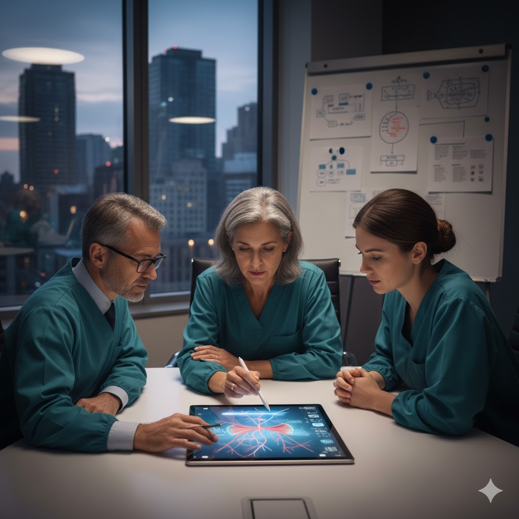 Vascular surgeon reviewing imaging to determine standard of care in a medical case