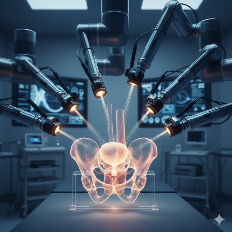 A 3D illustration of a robotic surgical interface and laparoscopic instruments over a pelvic model in a clean clinical setting.