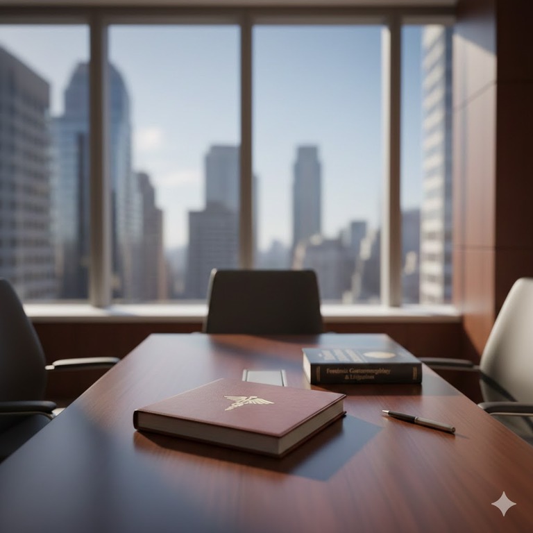 A professional and clean law firm conference room with a polished table, representing a high-level medical-legal consulting environment.
