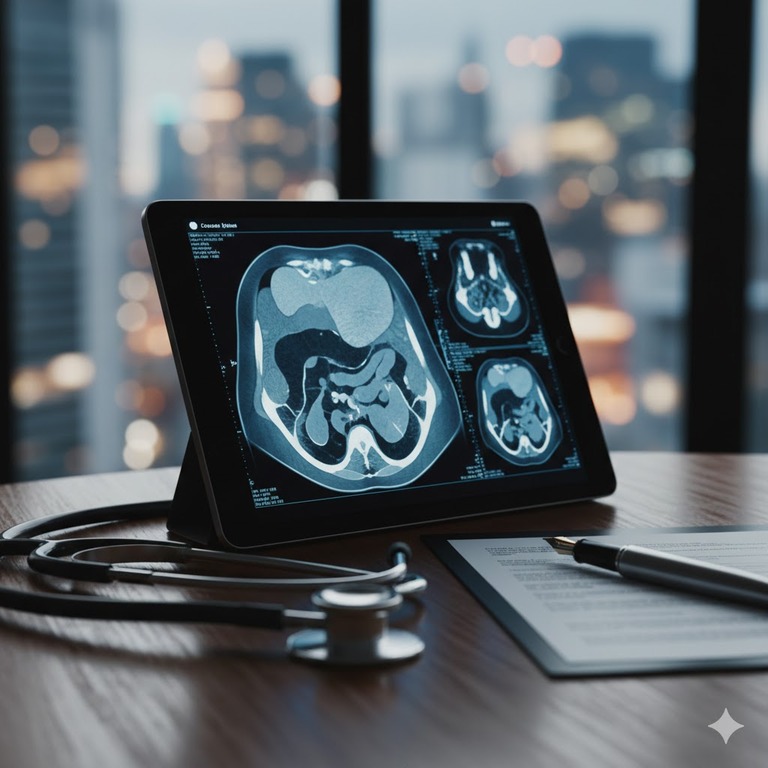 A medical-legal strategy setting featuring a stethoscope, a professional pen, and a high-resolution abdominal scan on a digital display.
