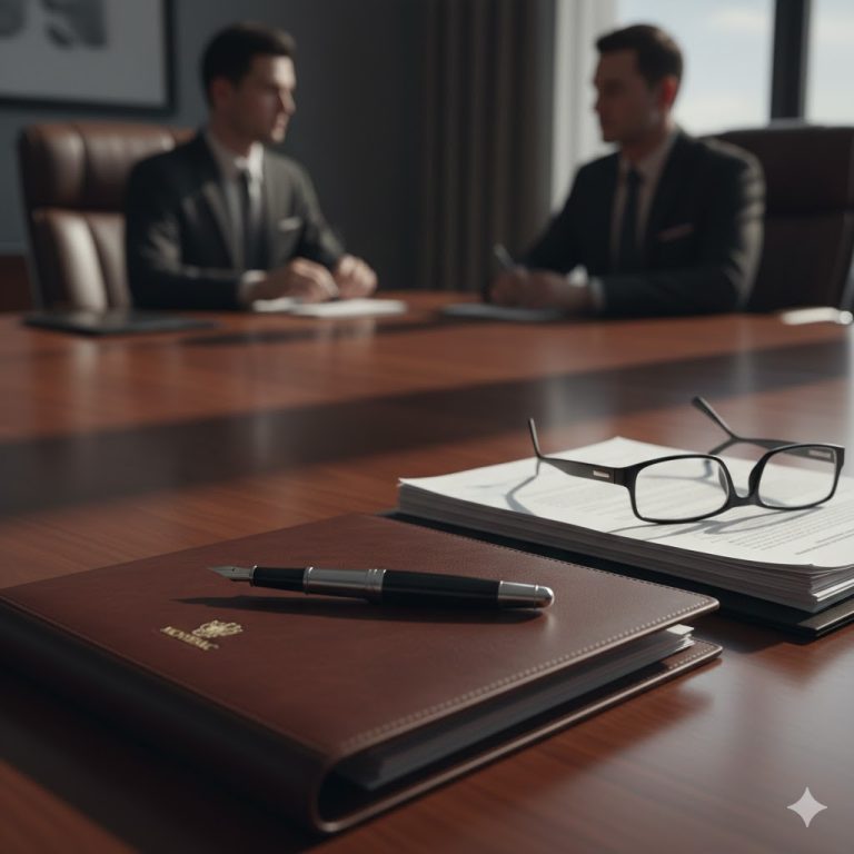 A professional setting representing a legal consultation, featuring a portfolio and pen on a conference table.