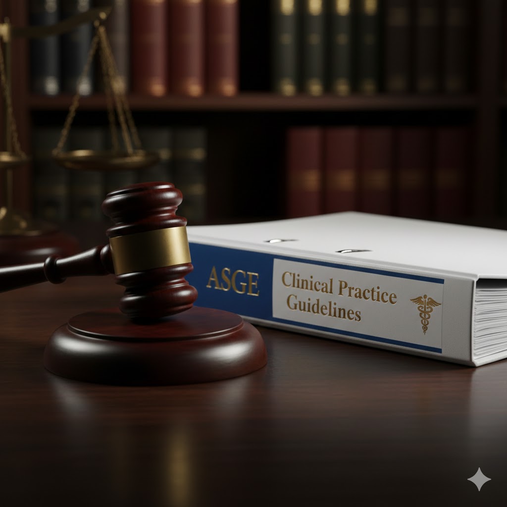 A wooden judge's gavel positioned next to a medical clinical practice guideline document, symbolizing the intersection of legal standards and medical protocols.
