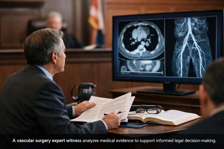 Vascular surgeon reviewing imaging to determine standard of care in a medical case