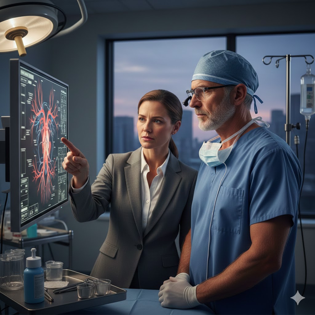 Vascular surgery expert witness evaluating diagnostic imaging for legal case review