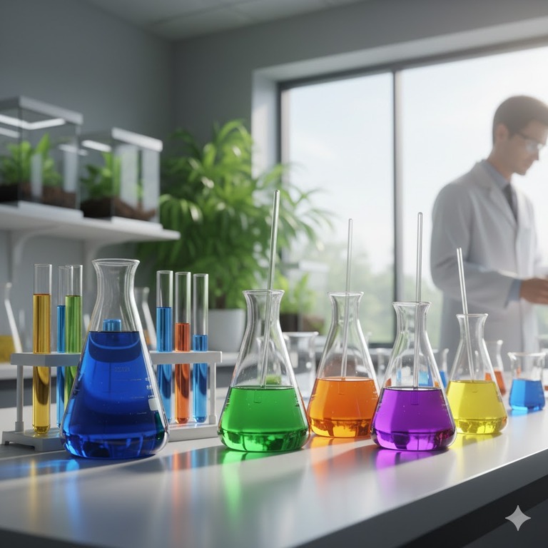 Laboratory test tubes with chemicals used to study environmental toxins.