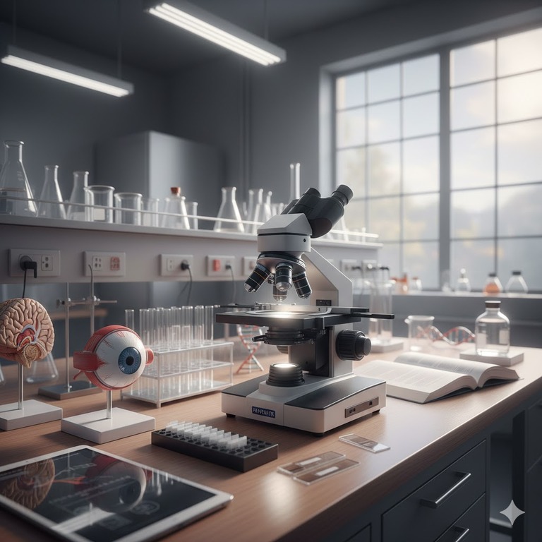 Forensic laboratory setup with microscope, slides, and anatomical models.