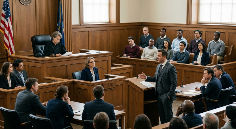 Jury and judge in courtroom during high-value civil litigation proceeding