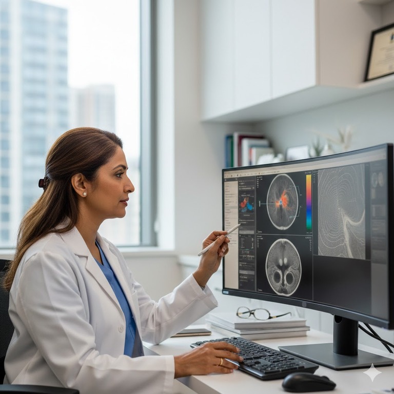Ophthalmologist analyzing detailed eye scans in a clinical setting.