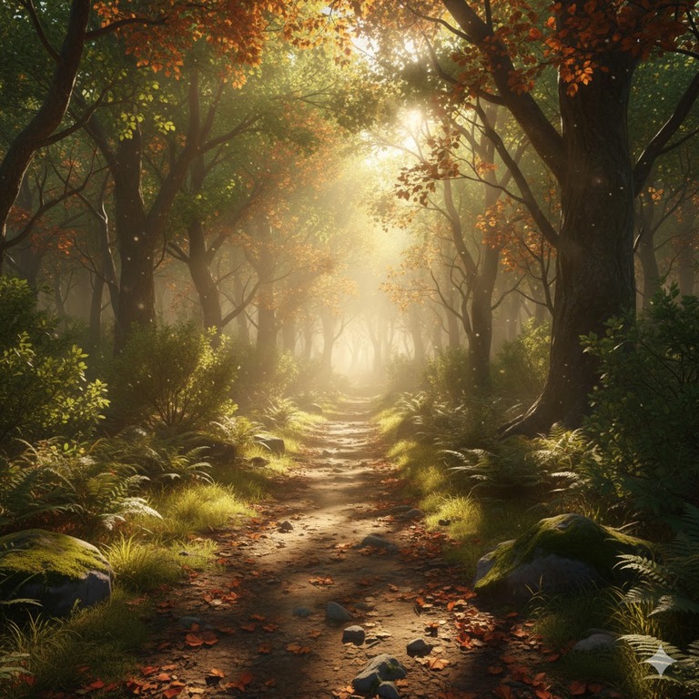 Sunlit forest path representing a journey into the future.