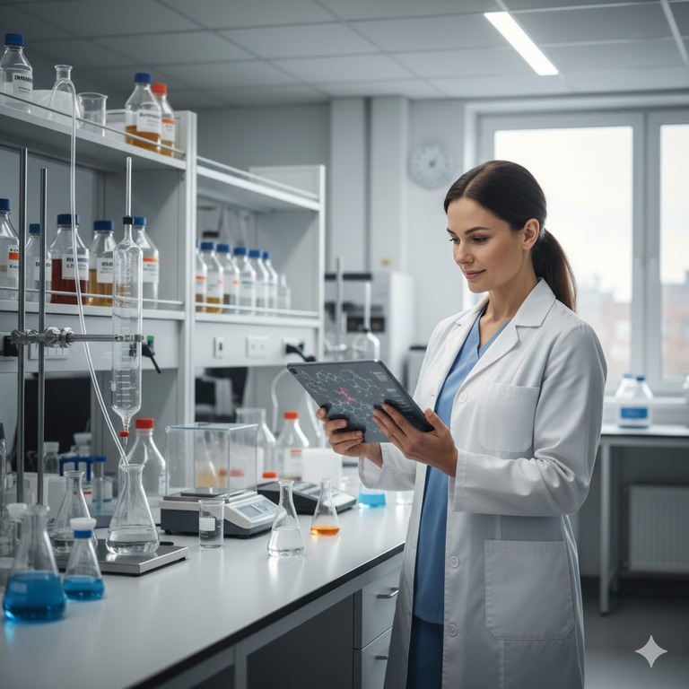 Toxicology expert analyzing chemical data in a laboratory setting.