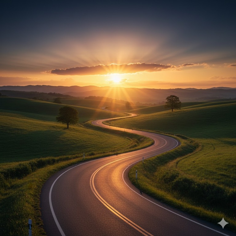 Winding road toward a bright horizon representing the next steps and future opportunities.