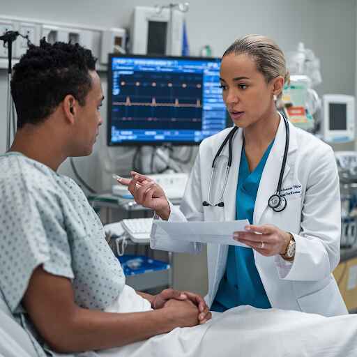 An anesthesiology expert witness reviewing medical records in a clinical setting