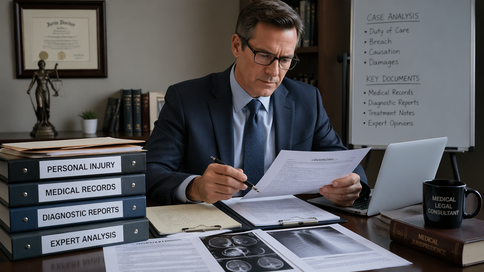 Medical professional reviewing structured clinical reports for legal case evaluation