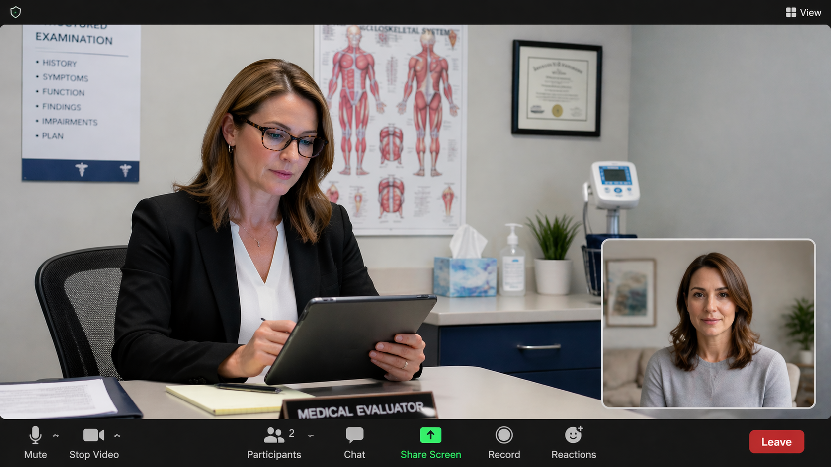 Independent medical examination physician reviewing clinical records during patient evaluation