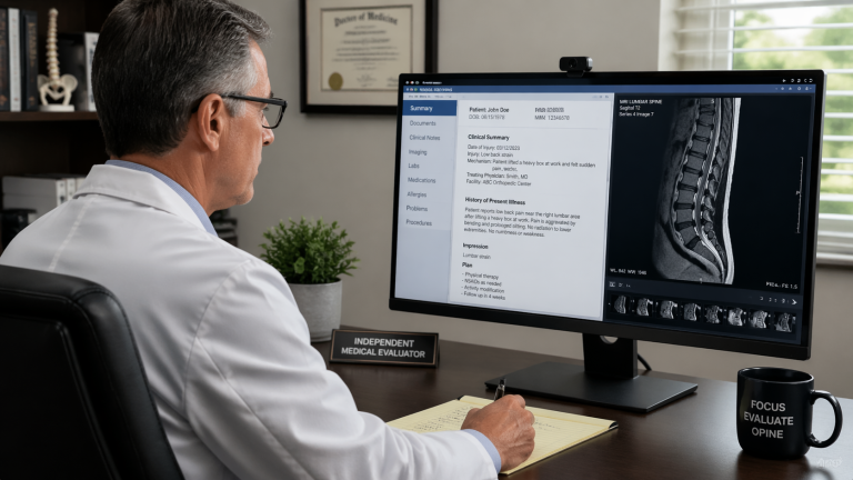 Physician reviewing medical records on a computer during a remote independent medical examination